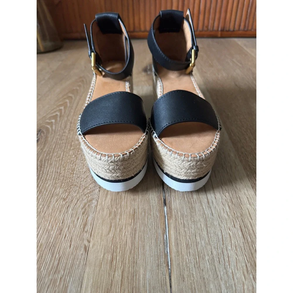 See By Chloe NWOT Glyn Black Leather Platform Espadrilles Wedge Sandals‎ Size 36